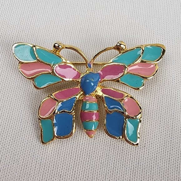 Vintage Jewelry - Vintage Gold Tone Pastel Color Butterfly Brooch